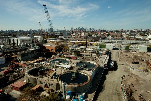 Looking south from the Newtown Creek Wastewater Treatment Plant digester eggs towards water treatment pools